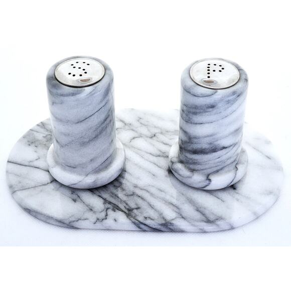 SALT & PEPPER SHAKERS MATCHING MARBLE STAND-Marble-Black & White-Set of 3 Pieces - Picture 1 of 12